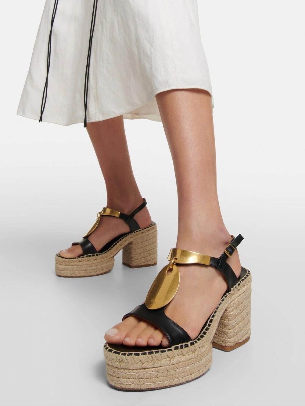 Chloe • Pema Sandals high block heel platform black leather gold metal trim